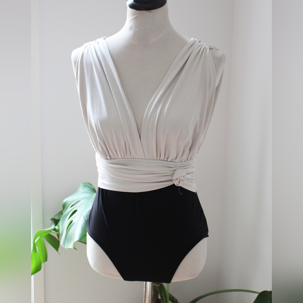 Vintage 1980s Two Toned Black and White One Piece Swimsuit by Catalina Swimwear